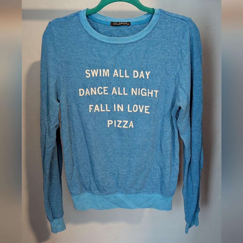 Wildfox Blue Sweatshirt Swim All Day Dance All Night Fall In Love Pizza